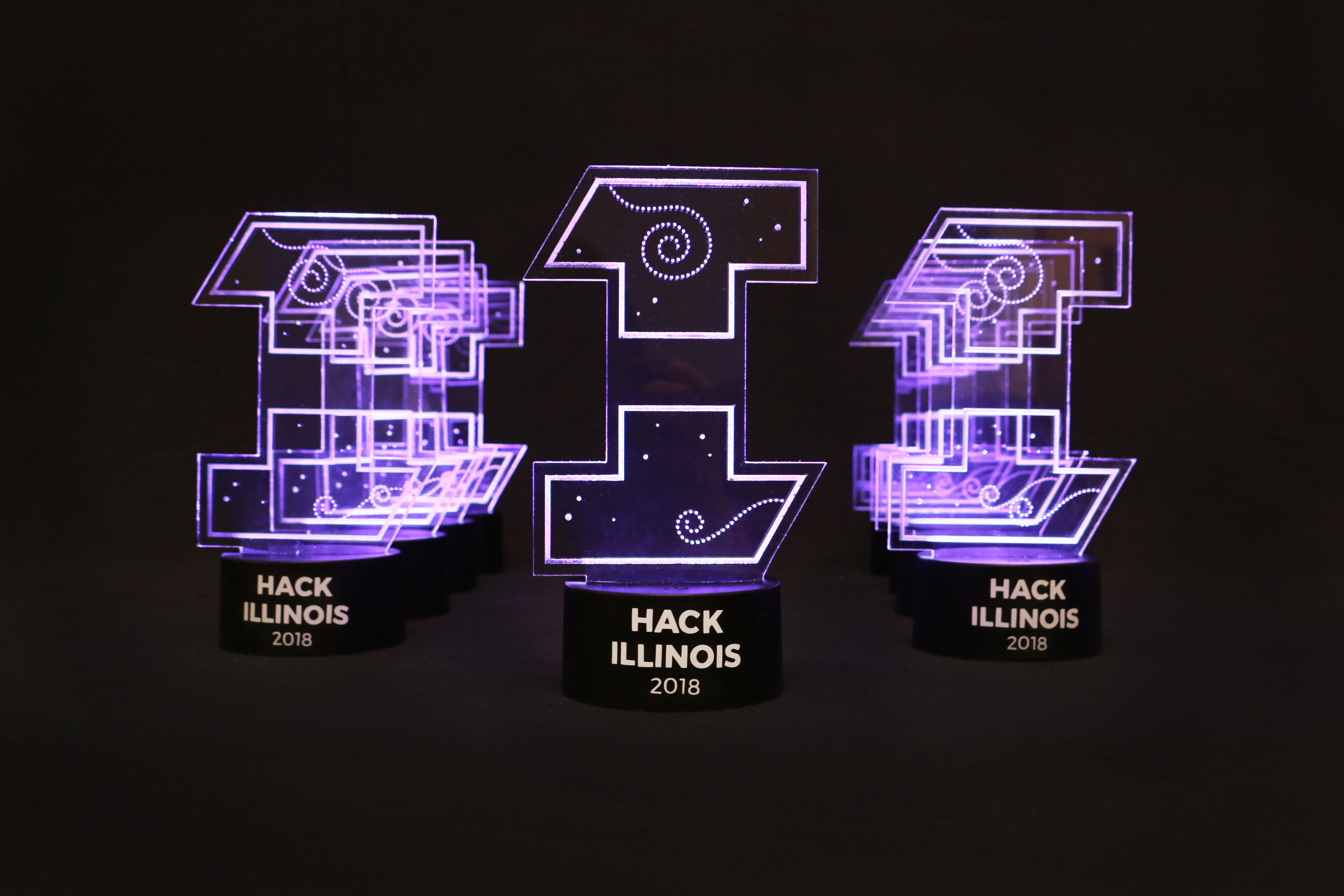 The trophies given to the HackIllinois 2018 winners.