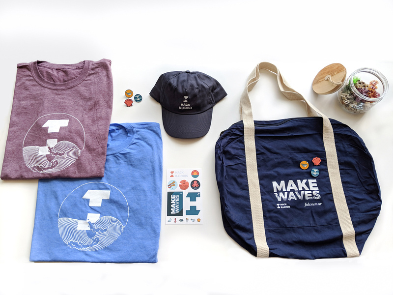 HackIllinois 2019 swag items and trophy