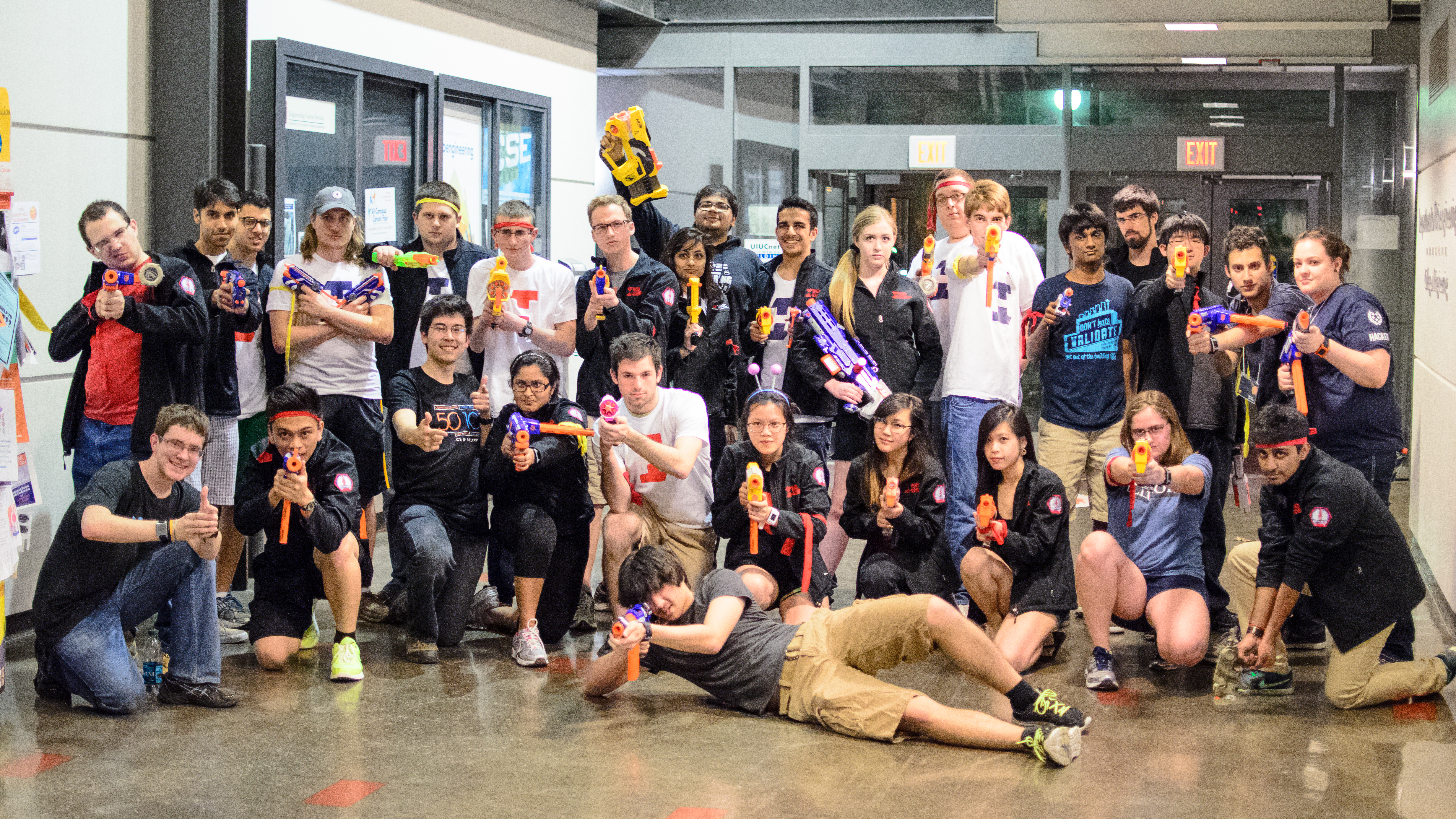 The HackIllinois 2014 staff gears up for the inaugural Nerf mini-event. Photo by Priten Vora.