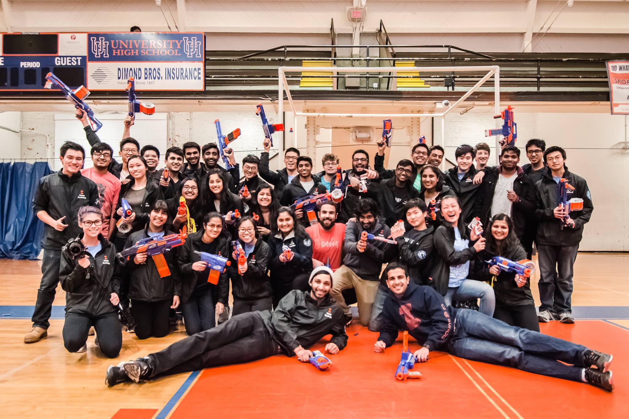 HackIllinois 2017 staff celebrate a successful event at the traditional Staff vs. Sponsors Nerf battle. Photo by HackIllinois 2017 Staff Photographers.