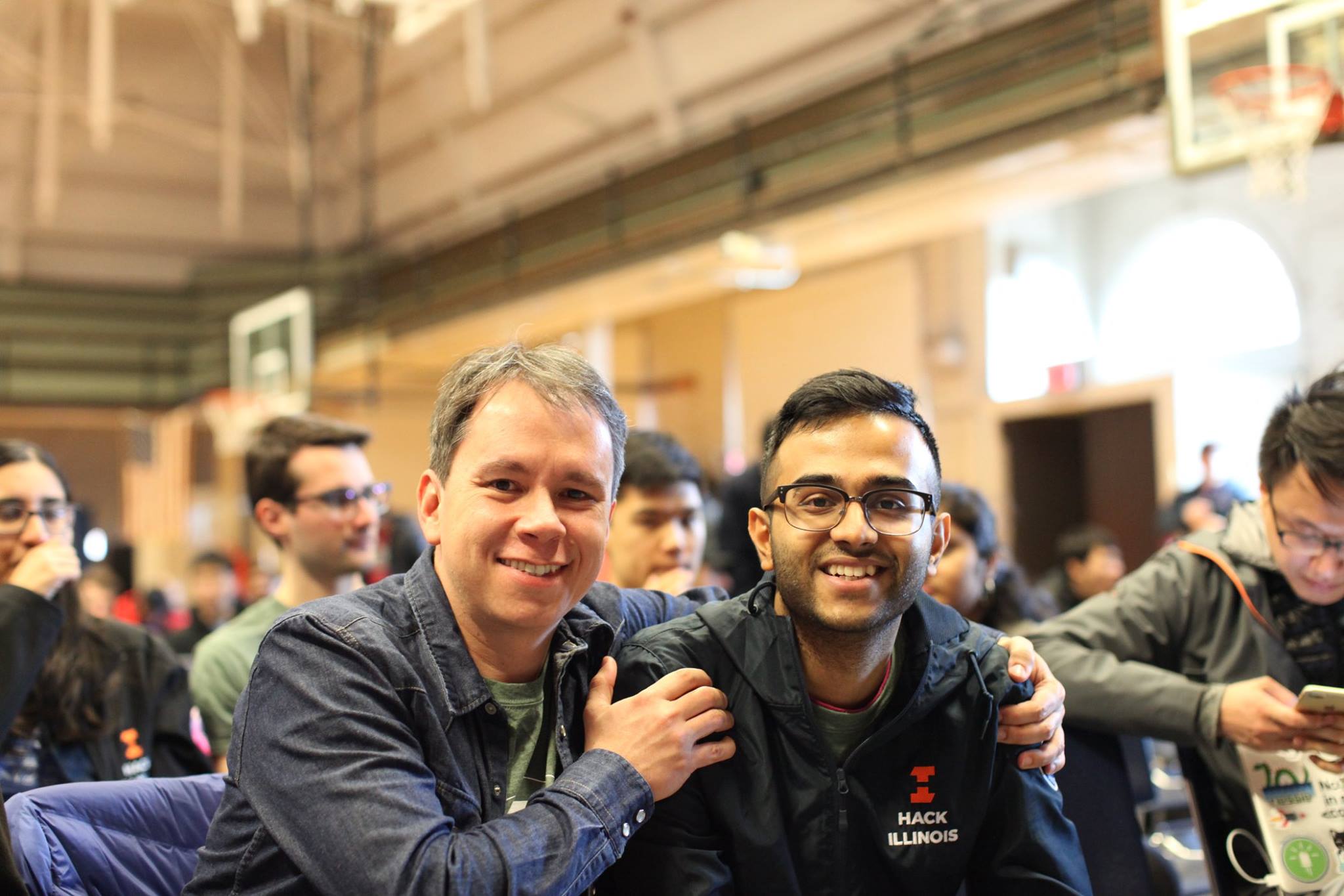 Mentor Pablo Aguiar and outreach staff member Shreyas Mohan at HackIllinois 2019. Photo by Kevin Hong.